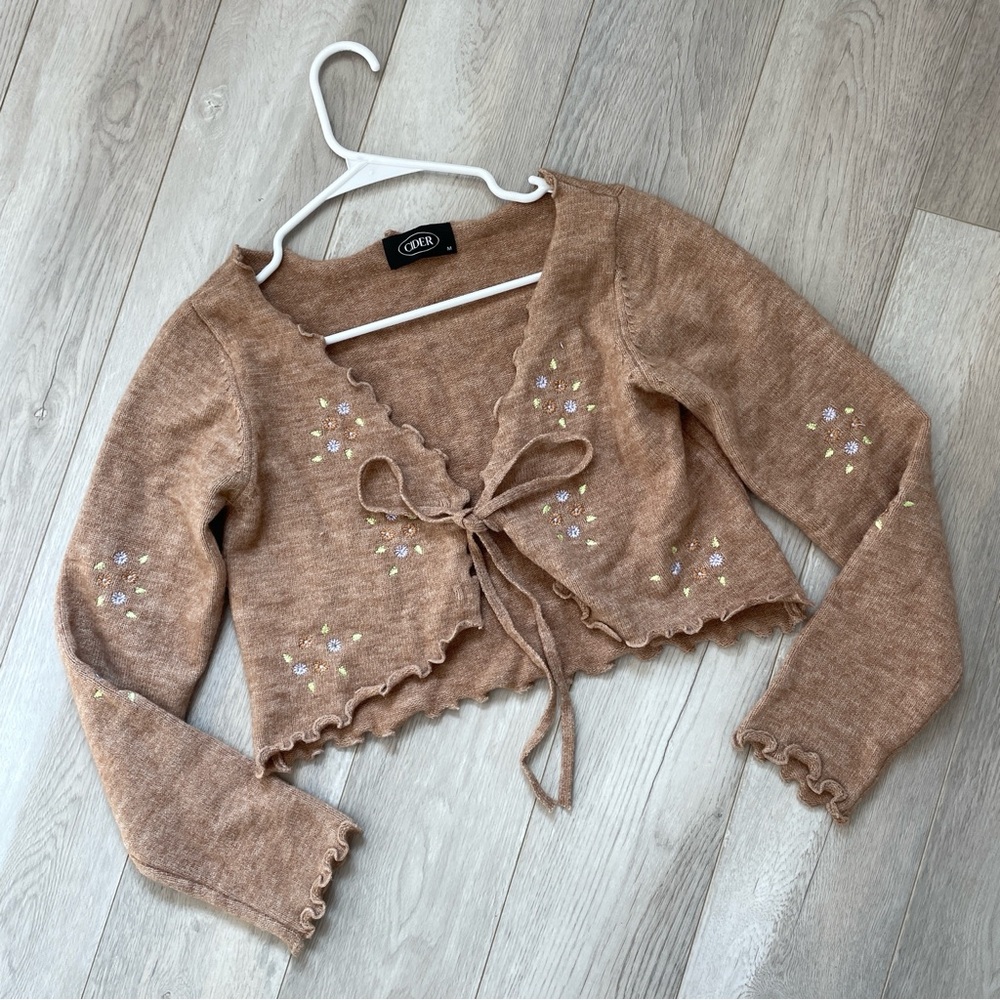 Cider Embroidered Cardigan Sweater Brown medium floral open tie front coquette